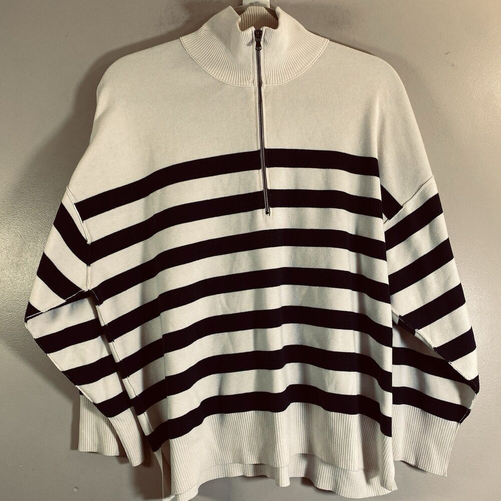 Free People Sweater Women Large Navy Ivory Stripe Quarter Zip Pullover OB1702000